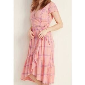 Old Navy Tiered Faux Wrap Dress Pink Peach Plaid Medium